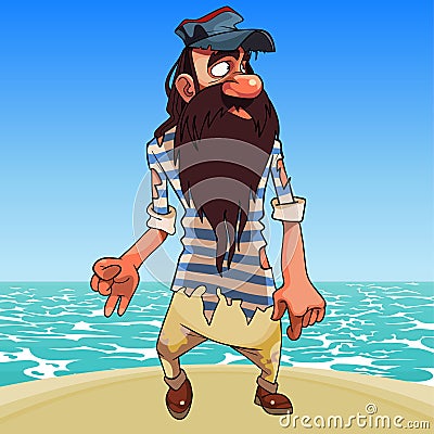Cartoon bearded survivor man in tattered clothes Vector Illustration