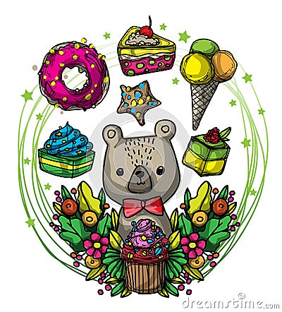 The cartoon bears around them have sweets and flowers Stock Photo