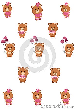 Cartoon bears balloons cakes pink ribbon with a Festive print. Packaging paper with a pattern. Stock Photo