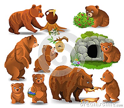 Cartoon bears doing different activities isolated on a white background Vector Illustration