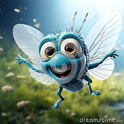 Cartoon Beautiful Cute Little Blue Fly Character Person extreme closeup. Generative AI Stock Photo
