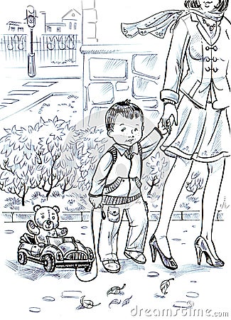cartoon beautiful drawing of a small boy and his mother walking down the street in the spring town Stock Photo