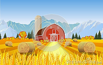 Cartoon beautiful fall farm scene Vector Illustration