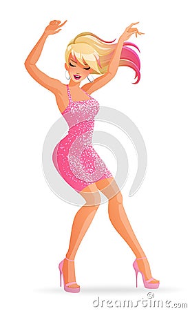 Cartoon beautiful glamorous young woman dancing in high heels. Vector illustration isolated on white background. Vector Illustration