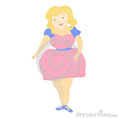 Cartoon Beautiful overweight girl standing in front view wearing pink dress. Vector illustration flat isolate Vector Illustration