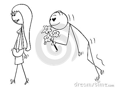 Cartoon of Beautiful Young Woman and Amorous Swain Following Her With Flowers Vector Illustration