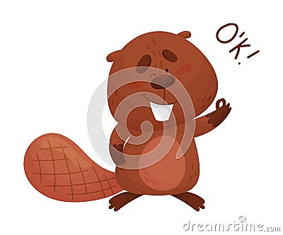 Cartoon Beaver Character Standing and Showing Ok Gesture Vector Illustration Vector Illustration