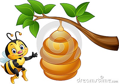 Cartoon bee and a beehive Vector Illustration