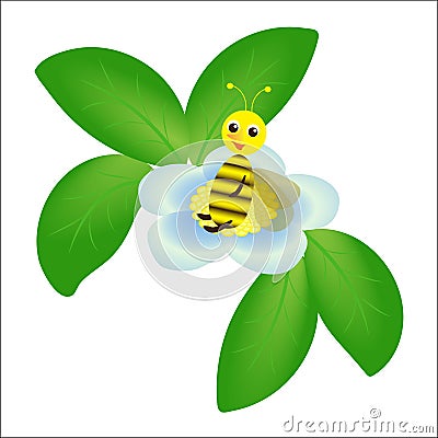 Cartoon bee and blue flower with leaves on white background Cartoon Illustration