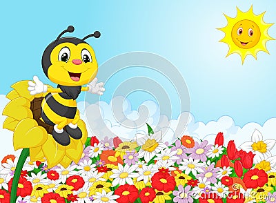 Cartoon bee cartoon sitting on the flower Vector Illustration