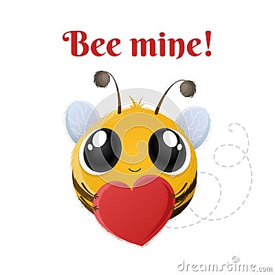 Cartoon bee character with heart - bee mine! Vector Illustration