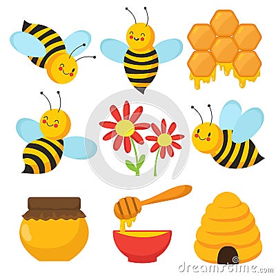 Cartoon bee. Cute bees, flowers and honey. Isolated vector characters set Vector Illustration