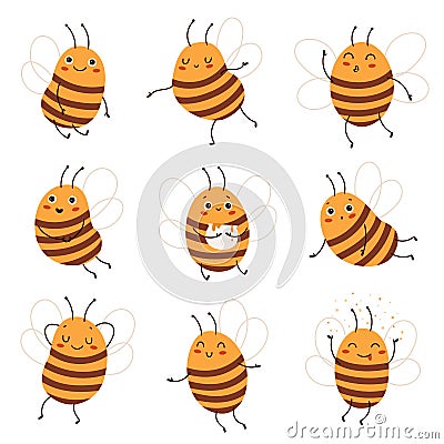 Cartoon bee. Cute funny honeybee characters, different poses and positive emotions, pretty striped insect with Vector Illustration