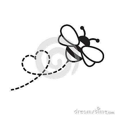 Cartoon Bee Flying on a Heart Shaped Dotted Route Vector Illustration