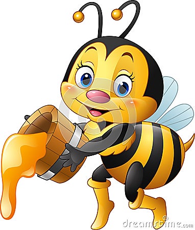 Cartoon bee holding bucket with honey dripping Vector Illustration