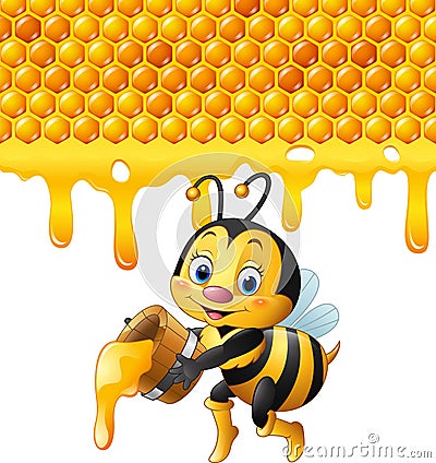 Cartoon bee holding bucket with honeycomb and honey dripping Vector Illustration