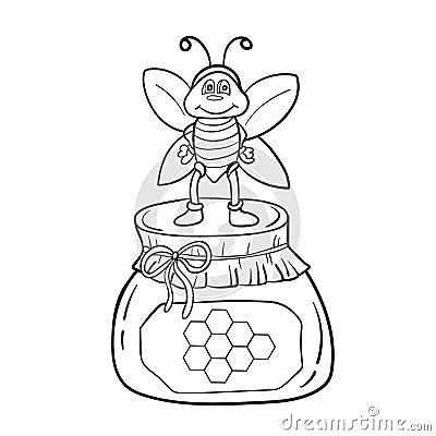 Cartoon bee with honey. Black and white vector illustration for coloring book Vector Illustration