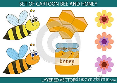 Cartoon bee and honey vector set isolated on white background. An illustration with cute flying and smiling bee characters. Vector Illustration