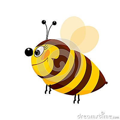 Cartoon bee isolated on white background. Cute hornet character flying and smiling. Vector Illustration