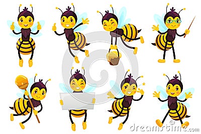 Cartoon bee mascot. Cute honeybee, flying bees and happy funny yellow bee character mascots vector illustration set Vector Illustration