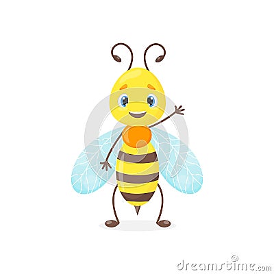 Cartoon bee or wasp, bumblebee cute vector mascot for logo, nursery goods, natural organic food or honey illustration Vector Illustration