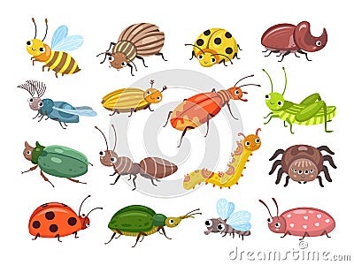 Cartoon beetle. Funny smiling bugs, children beetles. Happy insects, ladybug and caterpillar, larva. Wild forest world Vector Illustration