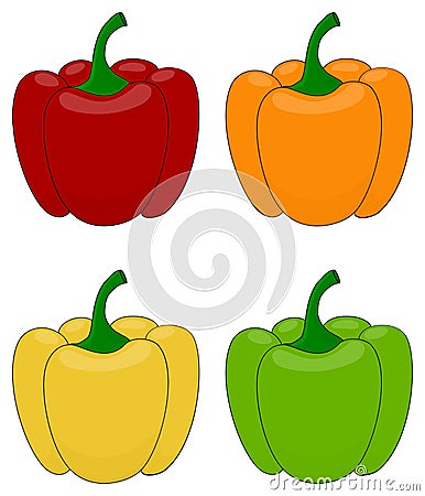 Cartoon bell pepper set. Red, orange, yellow and green peppers. Vector illustration collection Vector Illustration