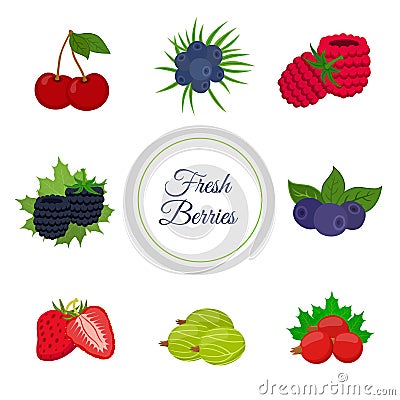 Cartoon berries menu. Raspberry, blackberry, gooseberry, red currant, black currant Vector Illustration