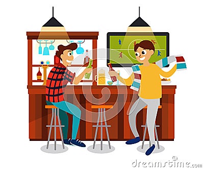 Cartoon best friends watching football game in bar Vector Illustration