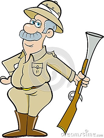 Cartoon big game hunter holding a large rifle. Vector Illustration