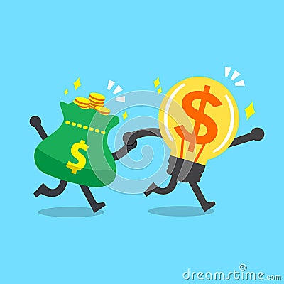 Cartoon big money idea character and money bag Vector Illustration