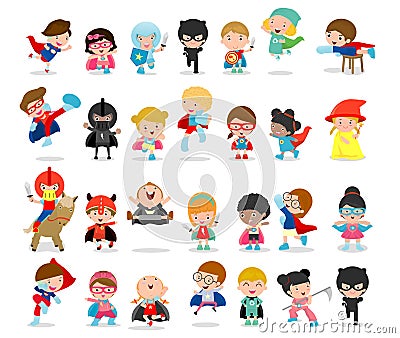 Cartoon big set of Kid Superheroes wearing comics costumes,Kids With Superhero Costumes set, kids in Superhero costume characters Vector Illustration