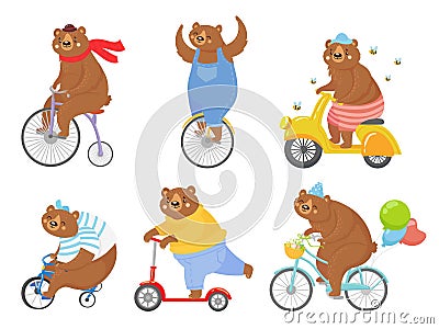 Cartoon biked bear. Bears on children tricycle, unicycle and retro bicycle. Animal riding bike, bicycles and scooter Vector Illustration