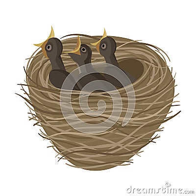 Cartoon bird`s nest with chicks. Vector illustration for children. Springtime. Vector Illustration