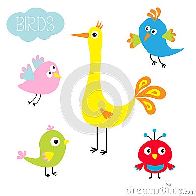 Cartoon bird set. Cute cartoon character. Funny collection for kids. Flat design. Baby illustration. Vector Illustration