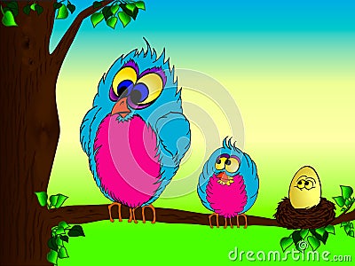 Cartoon birds and egg on the tree Vector Illustration