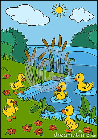 Cartoon birds for kids. Little cute ducklings. Vector Illustration