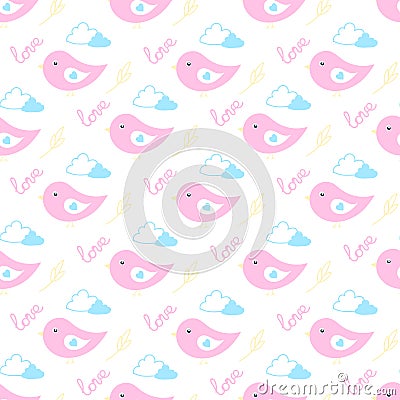 Cartoon birds in love flying in the clouds pattern Vector Illustration