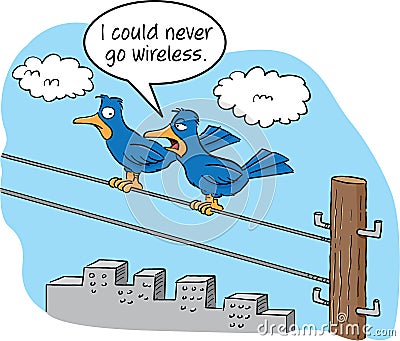 Cartoon birds on a wire. Vector Illustration