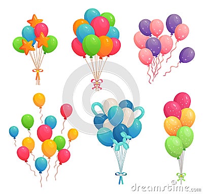 Cartoon birthday balloons. Colorful air balloon, party decoration and flying helium balloons on ribbons vector Vector Illustration