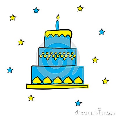 Cartoon birthday cake with candle, vector illustration Cartoon Illustration