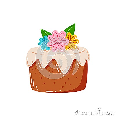 Cartoon birthday cake with creamy flowers. Cute vector illustration Vector Illustration