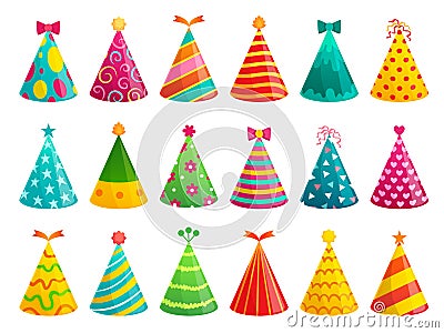 Cartoon birthday party caps. Funny celebration cap, holiday cone and colorful paper hat vector illustration set Vector Illustration