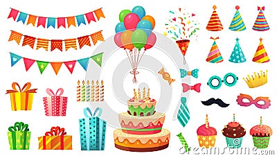 Cartoon birthday party decorations. Gifts presents, sweet cupcakes and celebration cake. Colorful balloons vector Vector Illustration