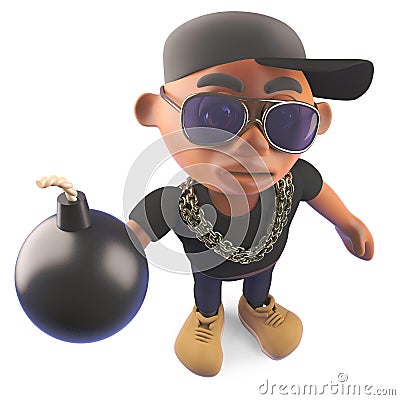 Cartoon black African American hiphop rapper holding a bomb, 3d illustration Cartoon Illustration