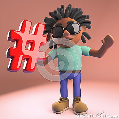 Cartoon black Afro Caribbean man with dreadlocks holds hashtag symbol, 3d illustration Cartoon Illustration