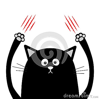 Cartoon black cat claw scratching. Red bloody scratch. Funny face head. Crazy eyes, nose, paw print hand up. Cute character. White Vector Illustration