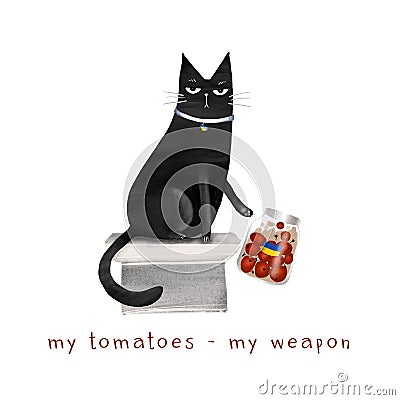 Cartoon black cat throwing off a jar of tomatoes Cartoon Illustration