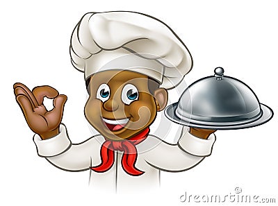 Cartoon Black Chef Holding Plate or Platter Vector Illustration