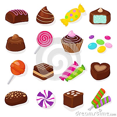 Cartoon black chocolate sweet candies and lollipops vector set Vector Illustration